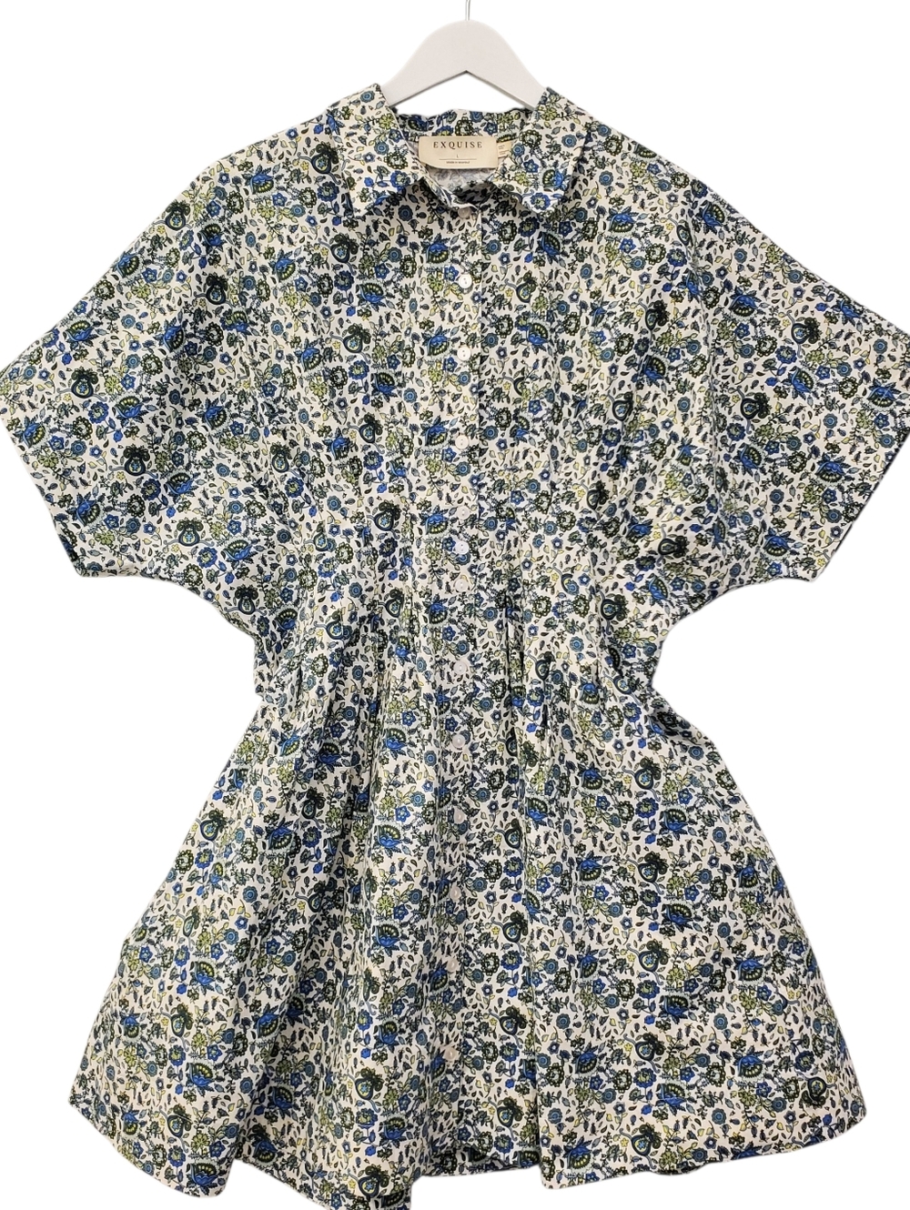 Janice Dress Mini By Exquise Floral Smocked Waist in Blue White Muticolor Large - Picture 2 of 12
